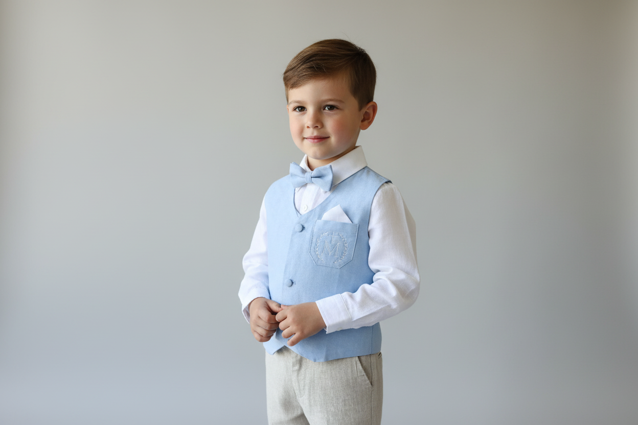 Beige Linen pants and blue vest outfit