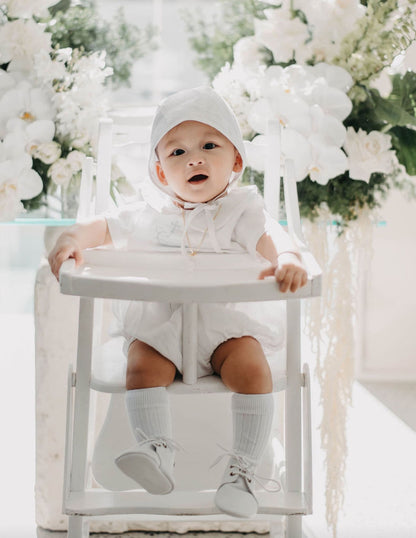 Linen Baptism peter pan collar bubble romper with optional embroidery customisation