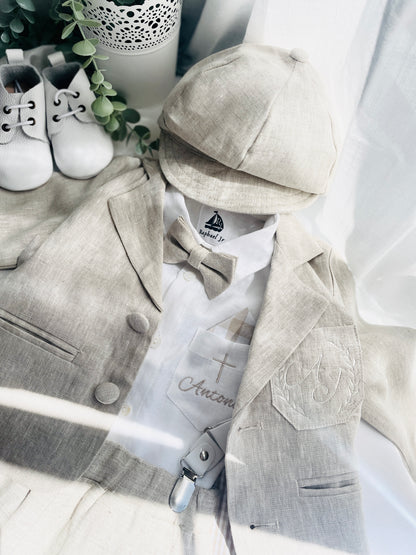 Beige Linen full length suit with pants, shirt, jacket and accessories