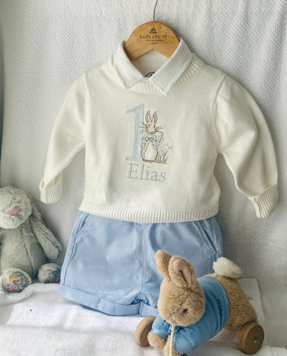 Warm white cotton sweater with optional first birthday embroidery