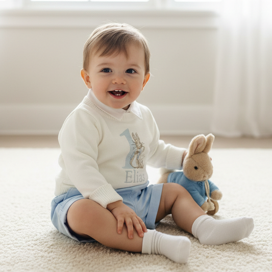 Warm white cotton sweater with optional first birthday embroidery
