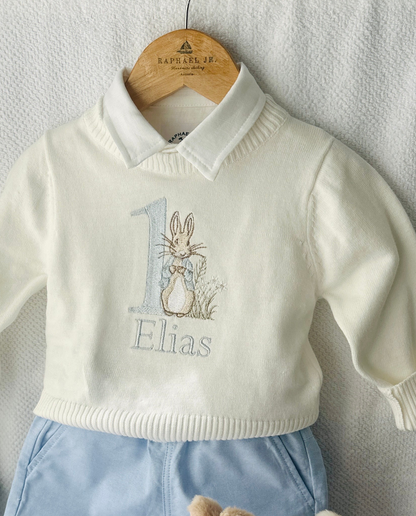 Warm white cotton sweater with optional first birthday embroidery
