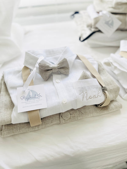 Beige Linen Baptism outfit with suspender shorts, shirt, and bow tie plus optional jacket and embroidery