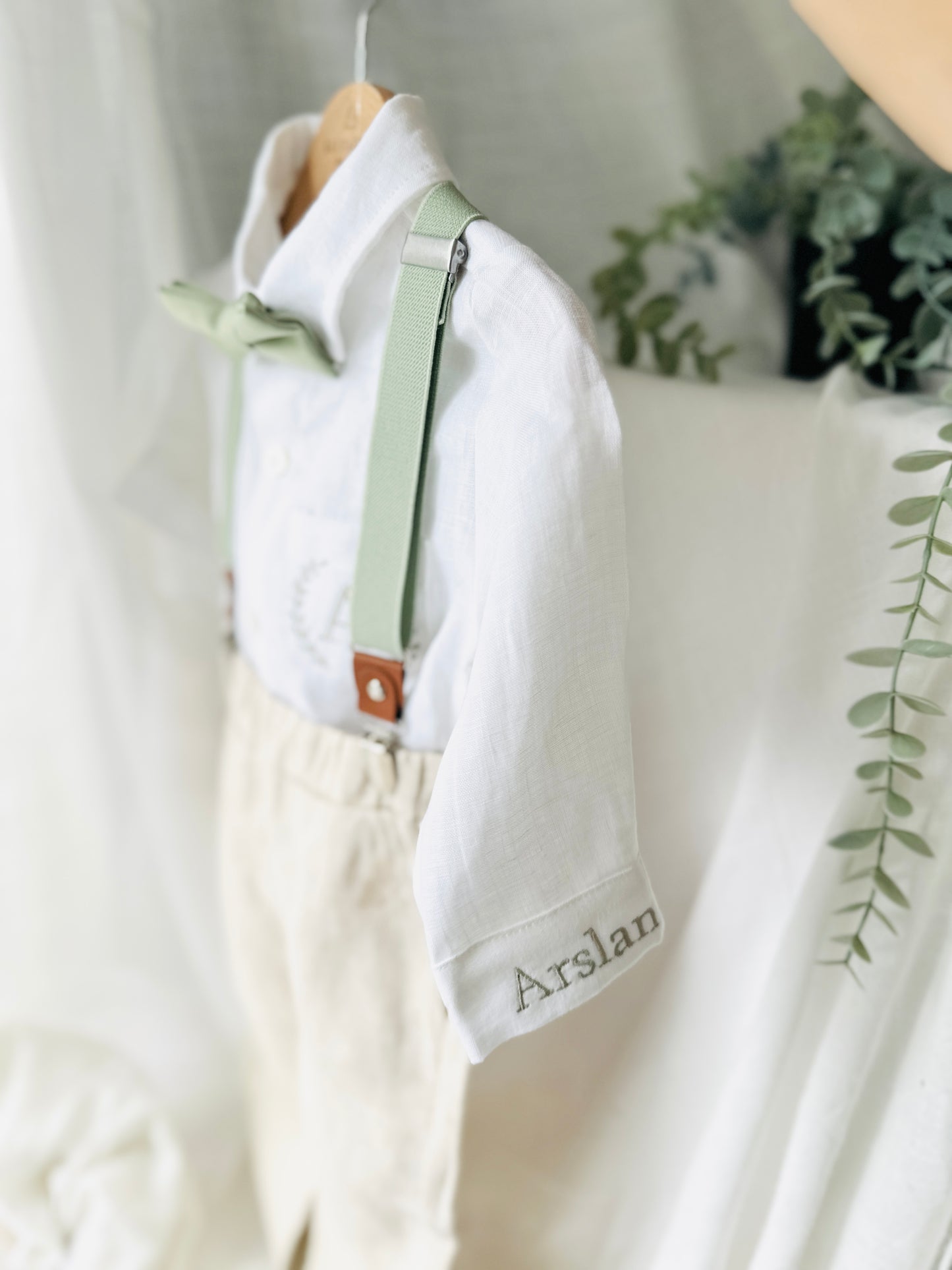 Beige linen baby and toddler boys formal baptism or wedding suit with accessories and optional personalisation