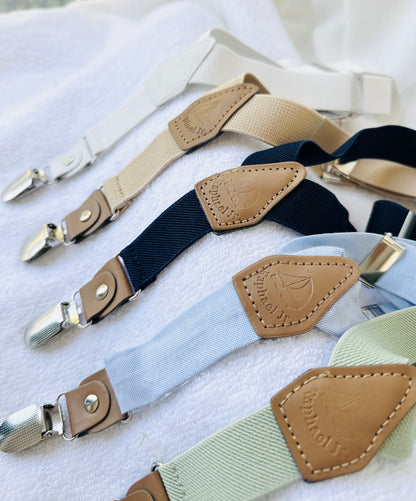 Boys pale blue and white set with vest, pants, linen shirt, bowtie and suspenders, plus optional jacket cap and shoes