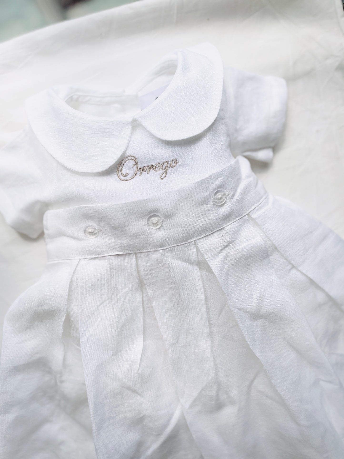 Plain White pure Linen unisex Baptism Gown with detachable skirt dress and optional monogram embroidery