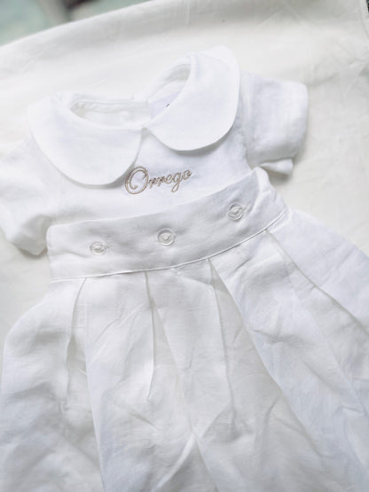White Linen Unisex Baptism Gown 3/4 length romper with detachable skirt