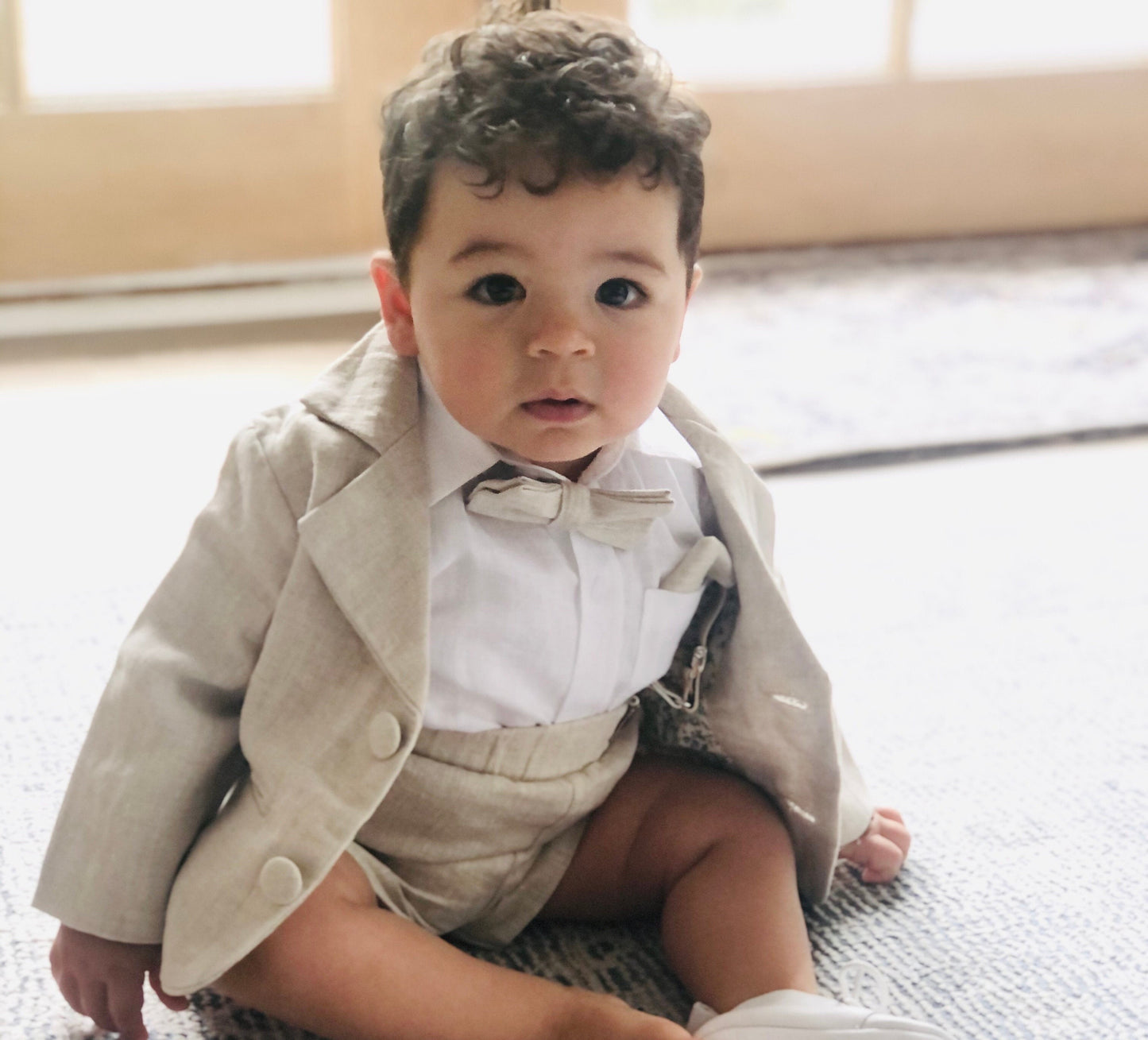 Light blue linen and cotin  baby and toddler boys formal baptism or wedding suit with accessories and optional personalisation