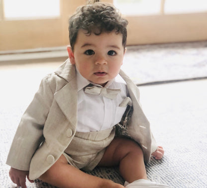 Beige linen pants and shirt set with bowtie and suspenders and optional personalisation