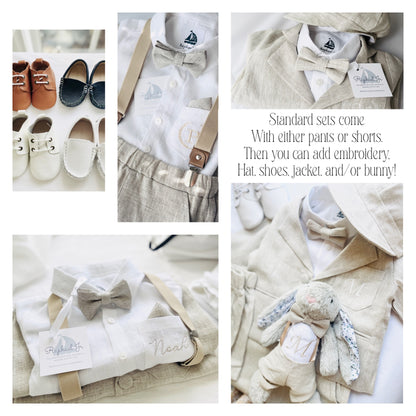 Beige Linen Baptism outfit with suspender shorts, shirt, and bow tie plus optional jacket and embroidery