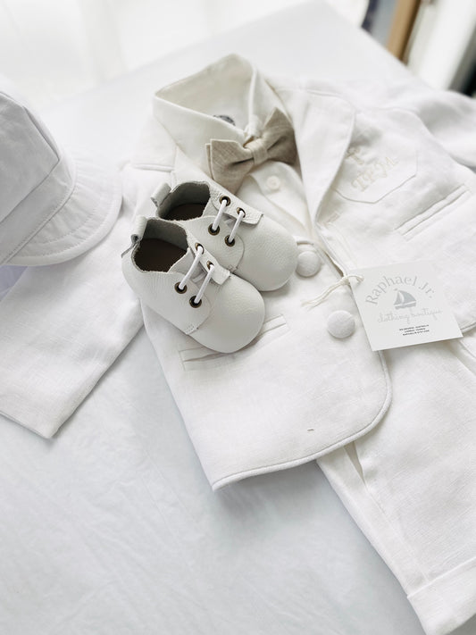 White linen summer Baptism suit set with shorts, shirt, suspenders  and bowtie plus optional extras
