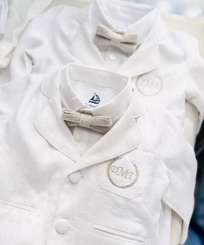 Boys White linen Baptism blazer jacket with optional embroidery