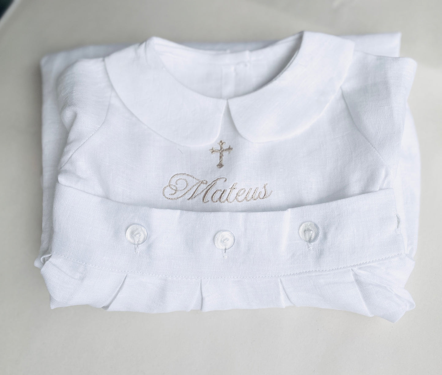 Plain White pure Linen unisex Baptism Gown with detachable skirt dress and optional monogram embroidery