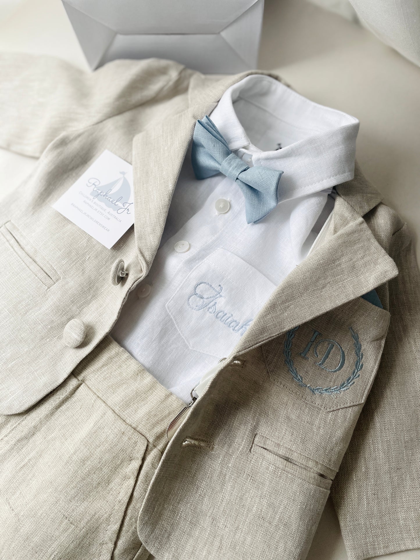 Light blue linen and cotin  baby and toddler boys formal baptism or wedding suit with accessories and optional personalisation