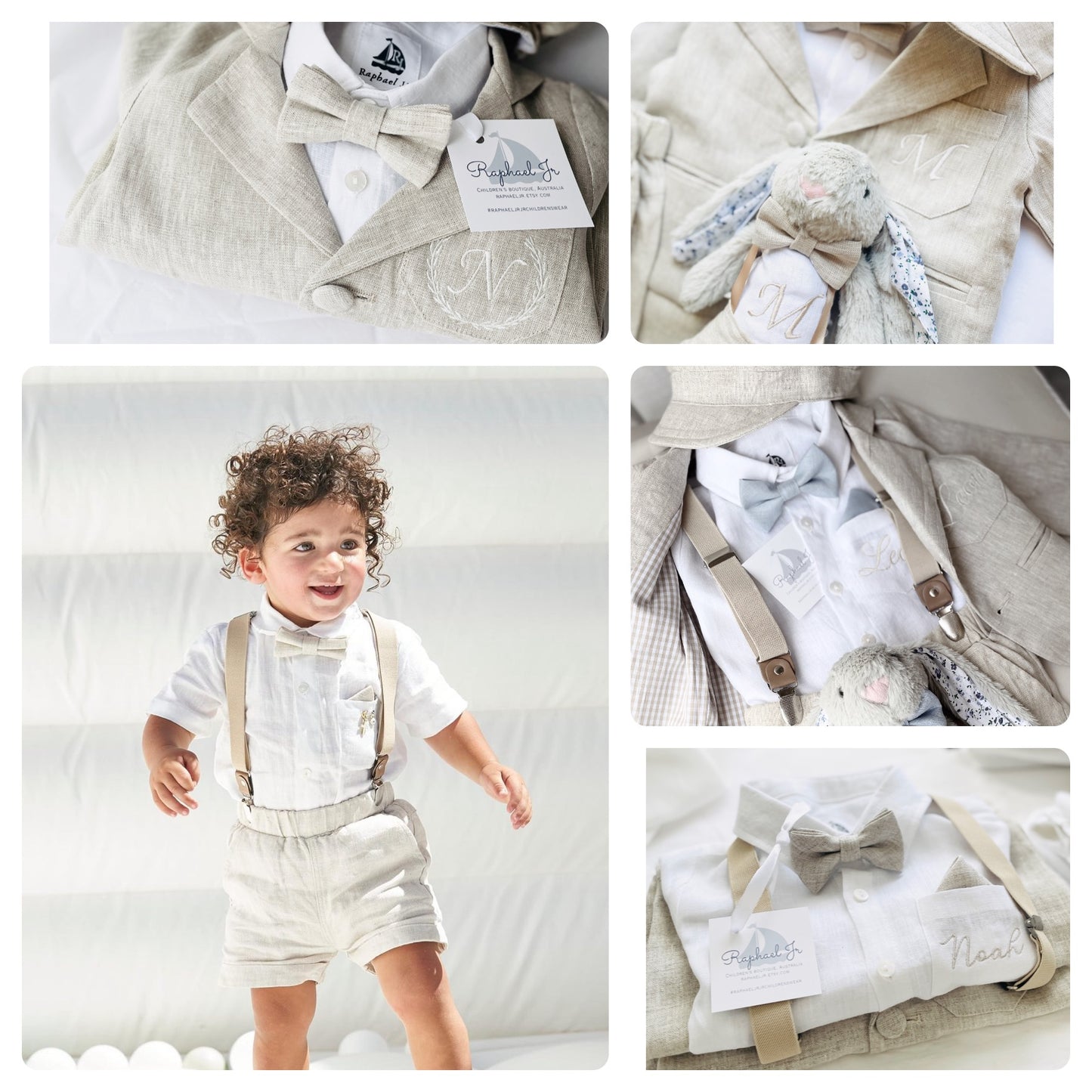 Beige linen summer set with shorts, shirt, suspenders and bow tie plus optional extras