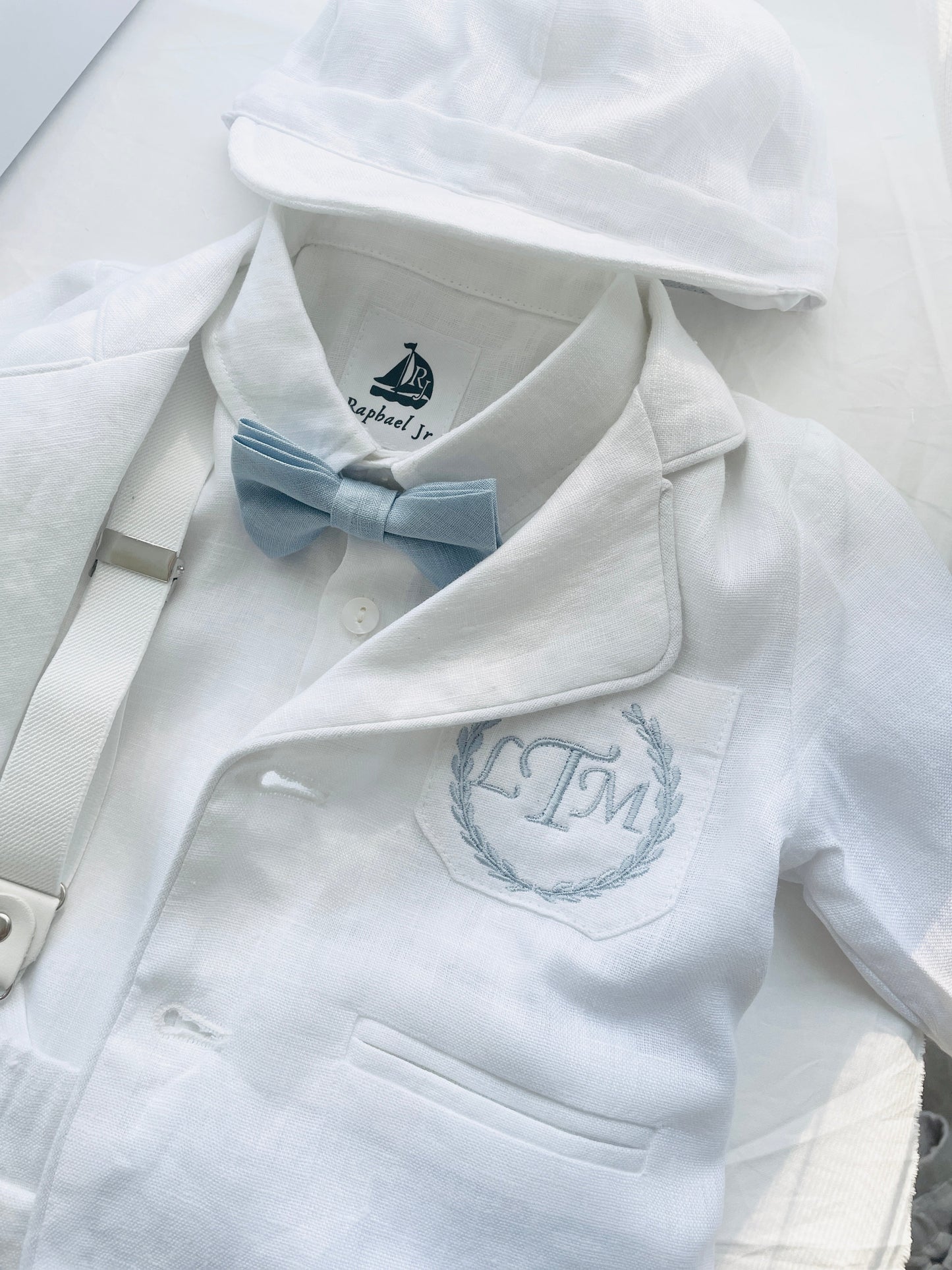 White linen summer Baptism suit set with shorts, shirt, suspenders  and bowtie plus optional extras