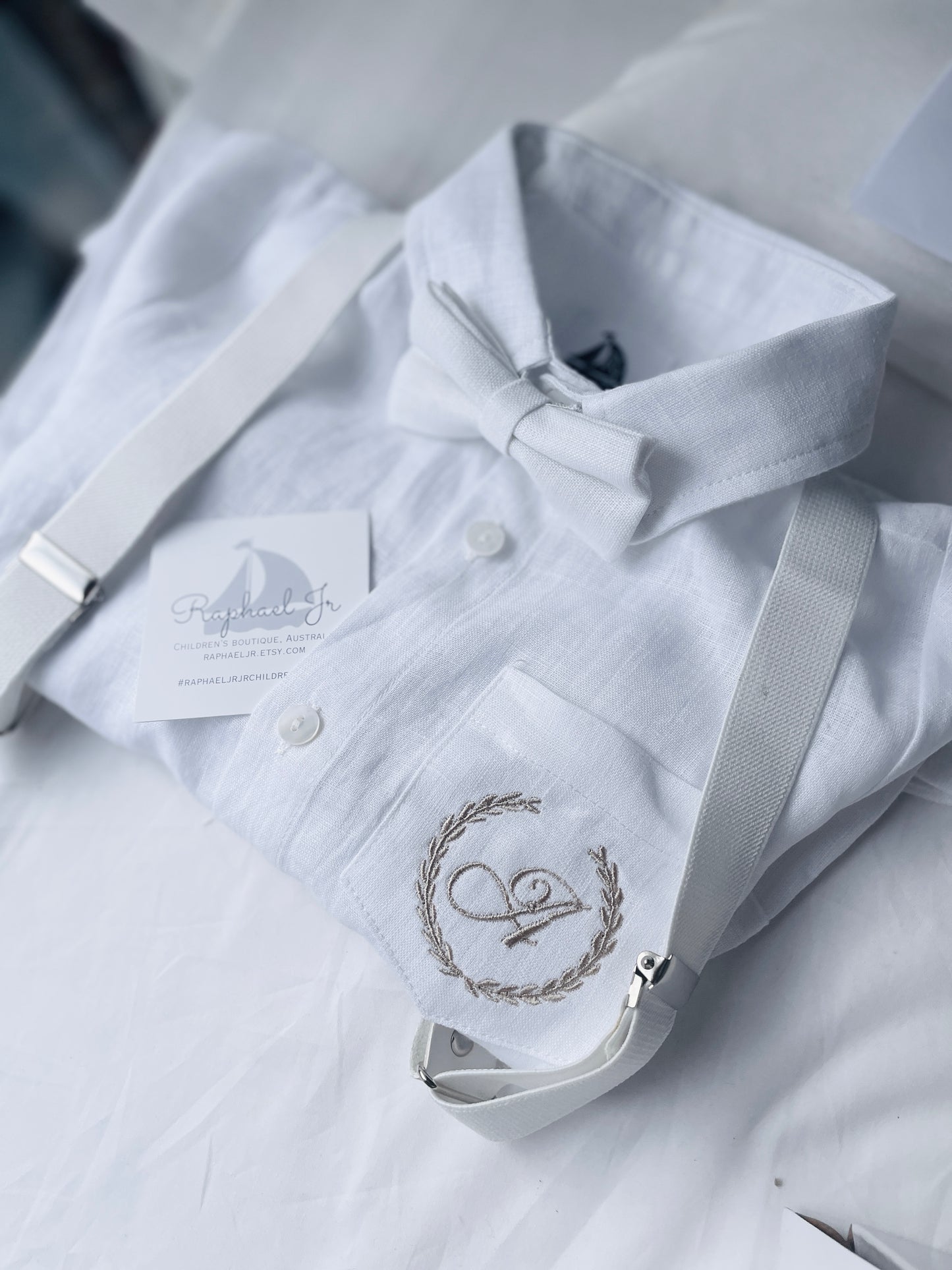 White linen Baptism suit set with pants, shirt, suspenders and bowtie plus optional extras (Copy)