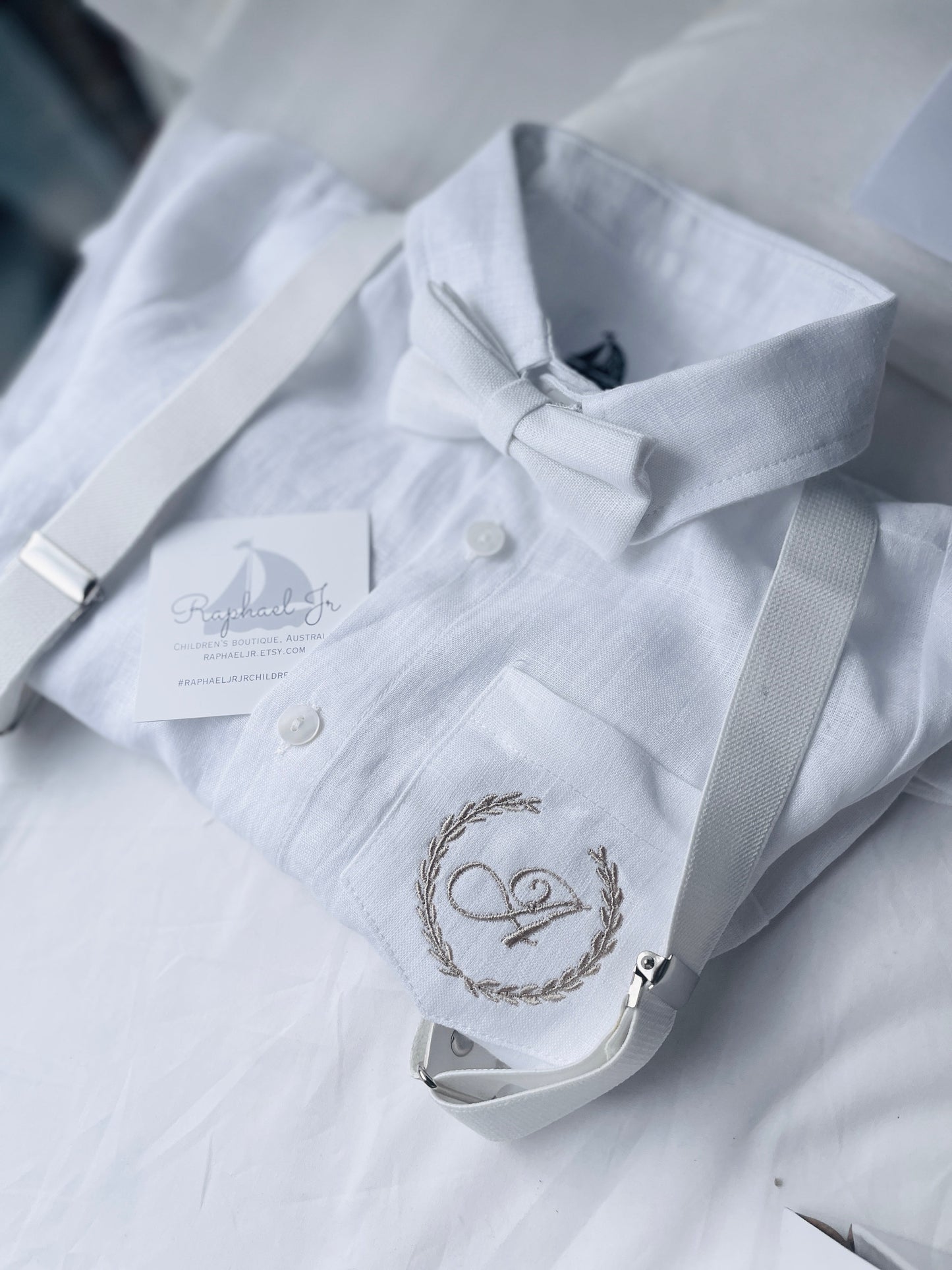 White linen summer Baptism suit set with shorts, shirt, suspenders  and bowtie plus optional extras