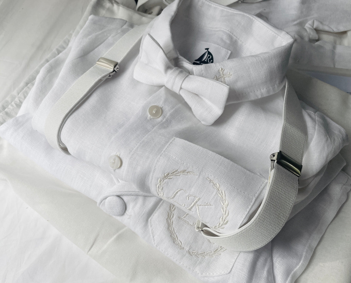 White linen summer Baptism suit set with shorts, shirt, suspenders  and bowtie plus optional extras