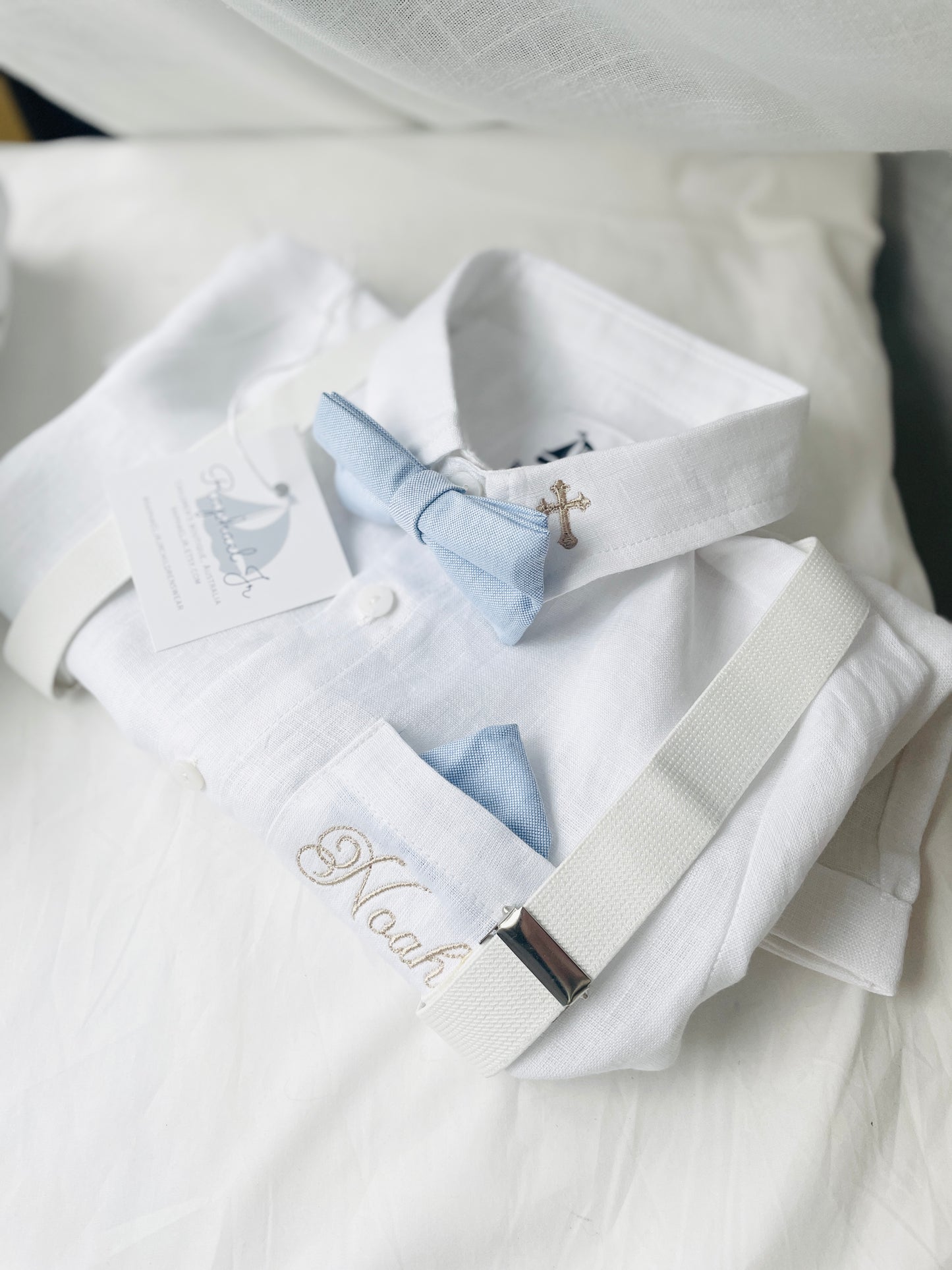 White linen Baptism suit set with pants, shirt, suspenders and bowtie plus optional extras (Copy)