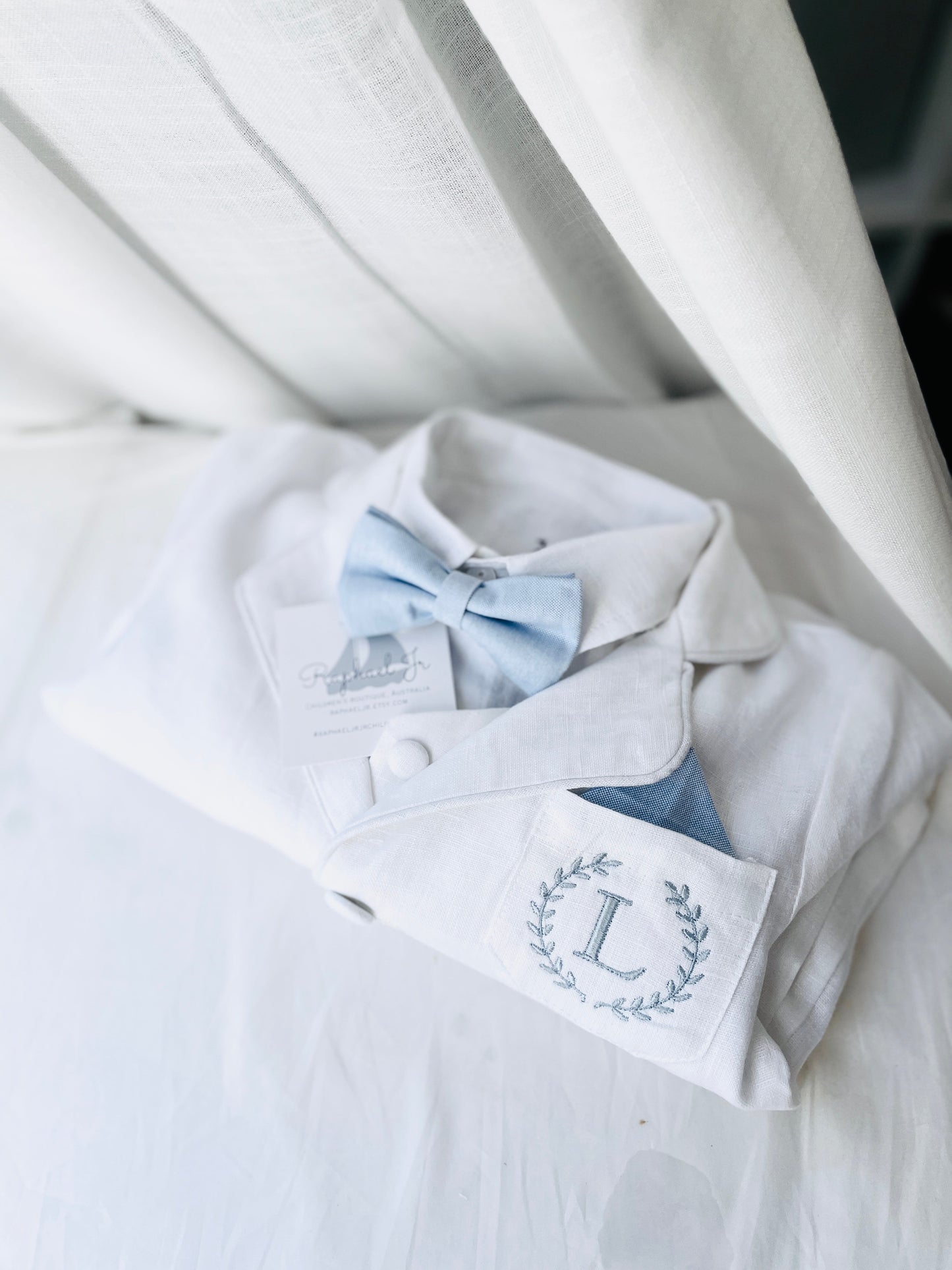 White linen summer Baptism suit set with shorts, shirt, suspenders  and bowtie plus optional extras