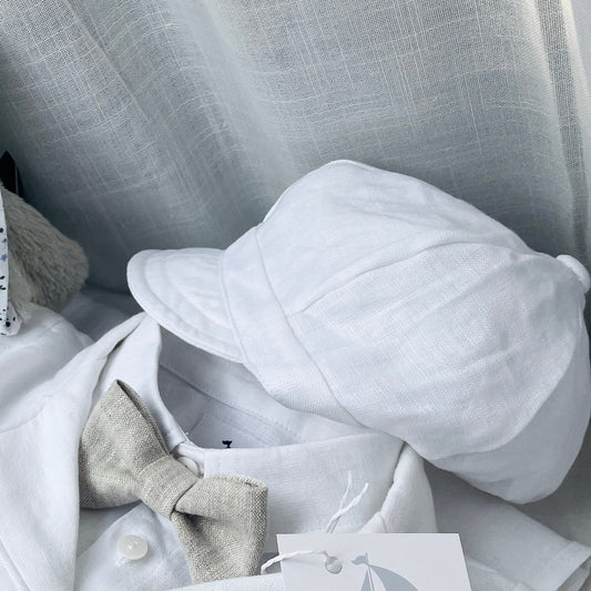 White linen summer Baptism suit set with shorts, shirt, suspenders  and bowtie plus optional extras
