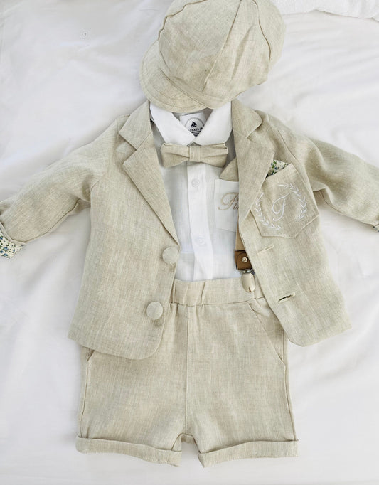 Beige linen summer set with shorts, shirt, suspenders and bow tie plus optional extras