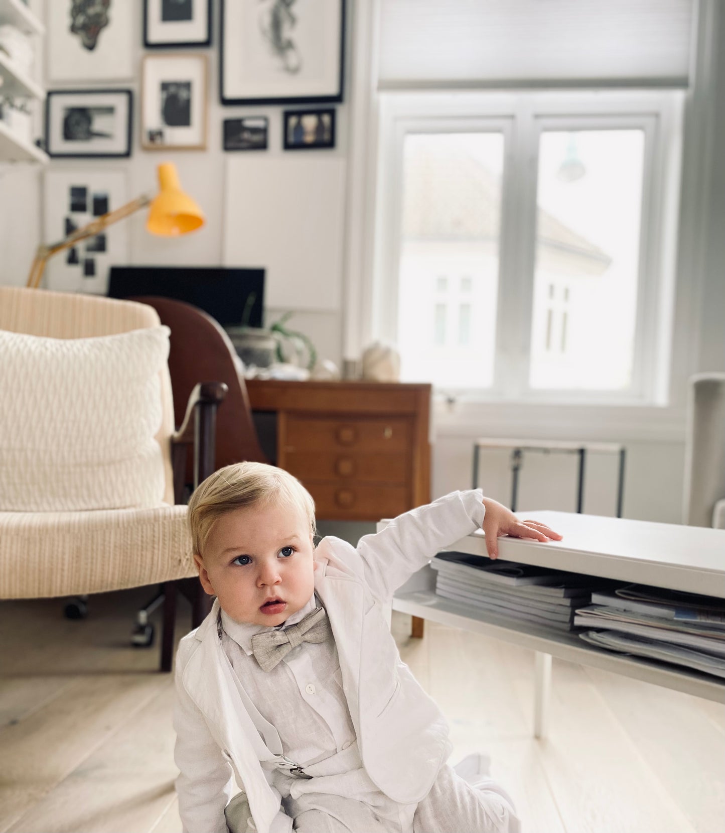 White linen summer Baptism suit set with shorts, shirt, suspenders  and bowtie plus optional extras
