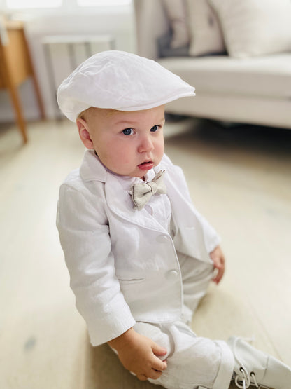 Boys White linen Baptism blazer jacket with optional embroidery