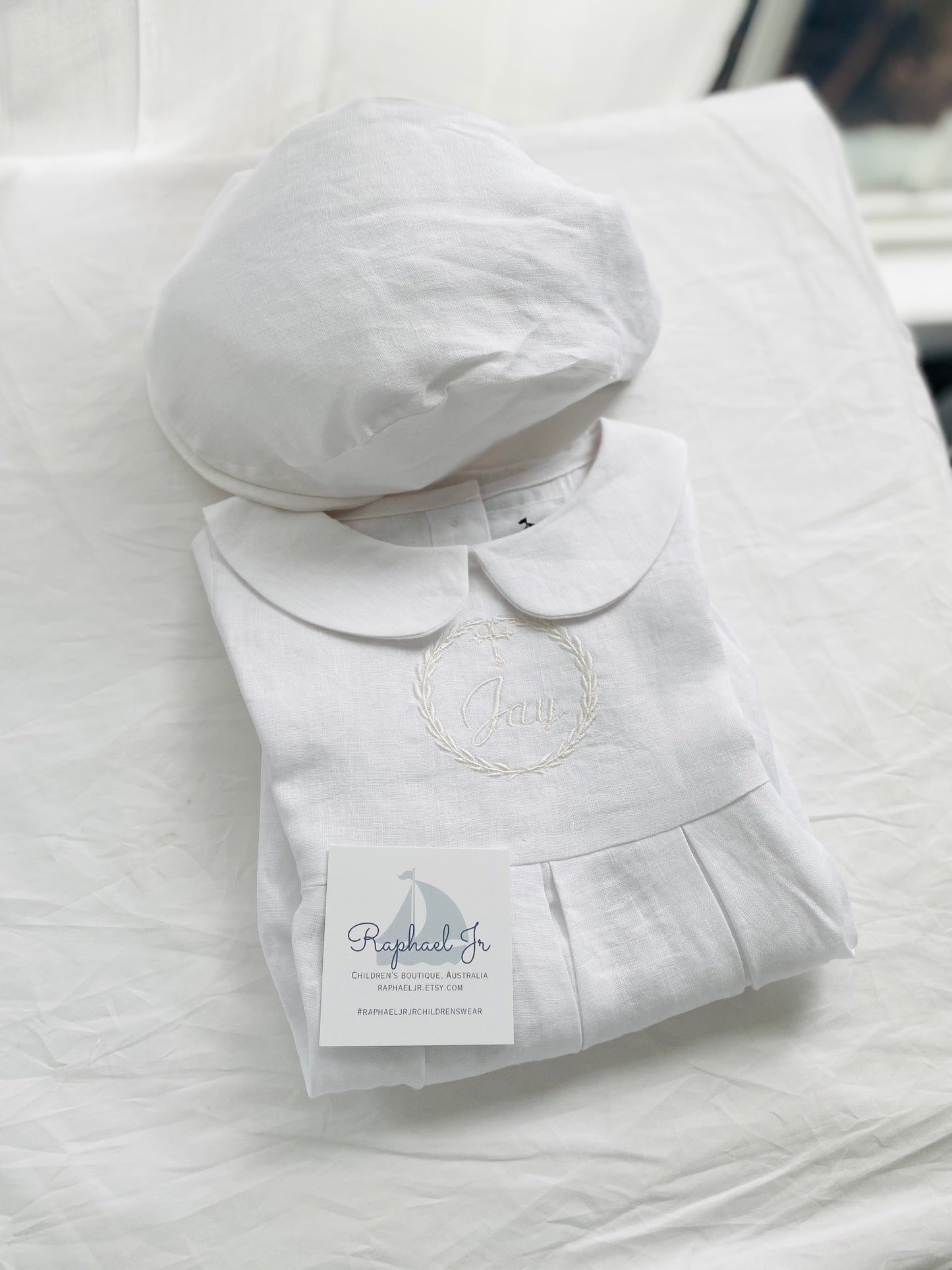 Plain White pure Linen unisex Baptism Gown with detachable skirt dress and optional monogram embroidery