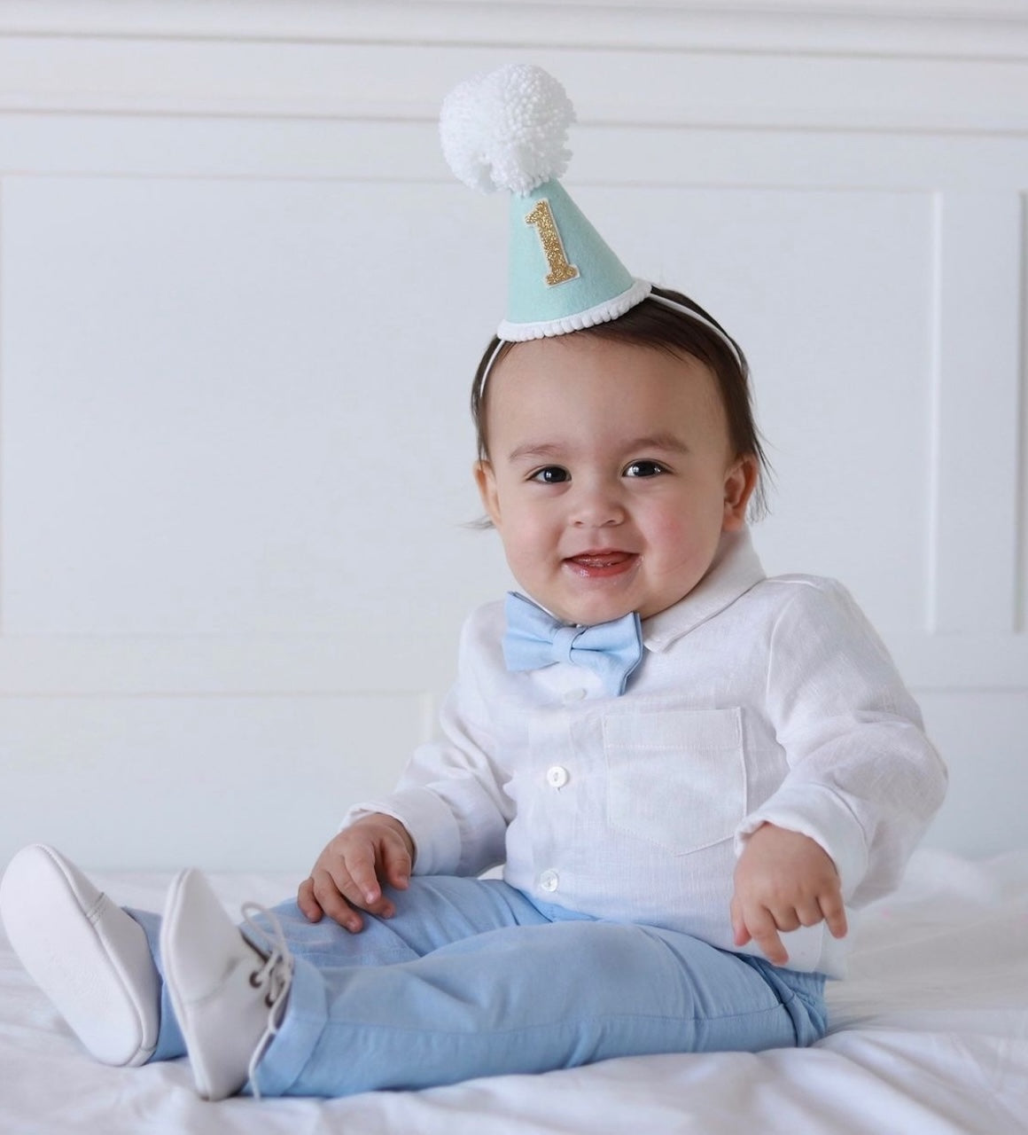 pale blue chambray summer first birthday set with shorts, shirt, suspenders and bow tie plus optional extras