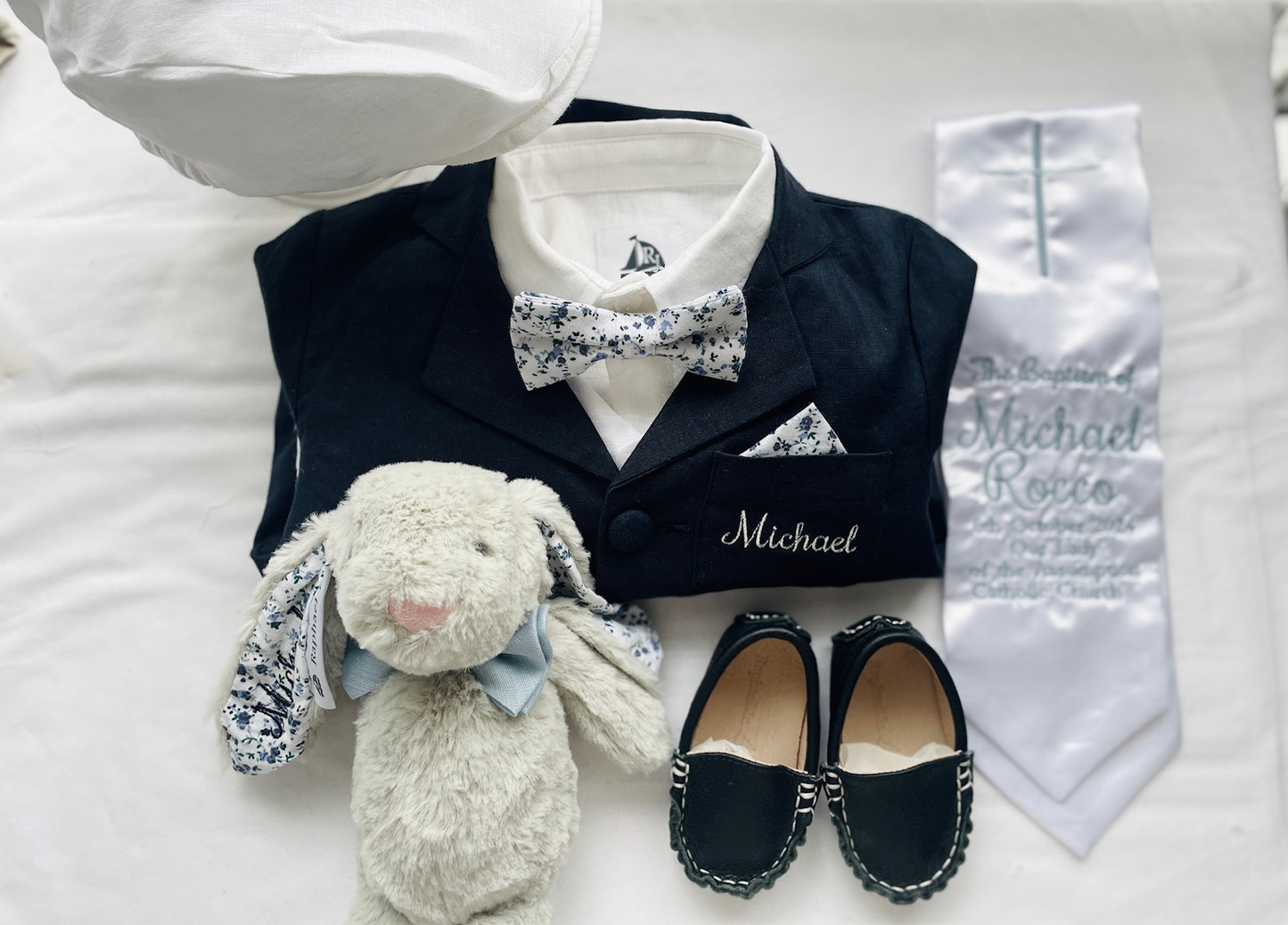 Grey fluffy christening bunny rabbit toy in little suit and bow tie to match babys outfit embroidery optional