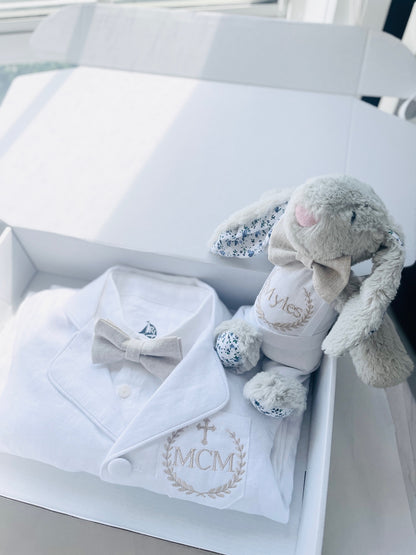 Christening bunny rabbit toy in little suit and bow tie to match babys outfit