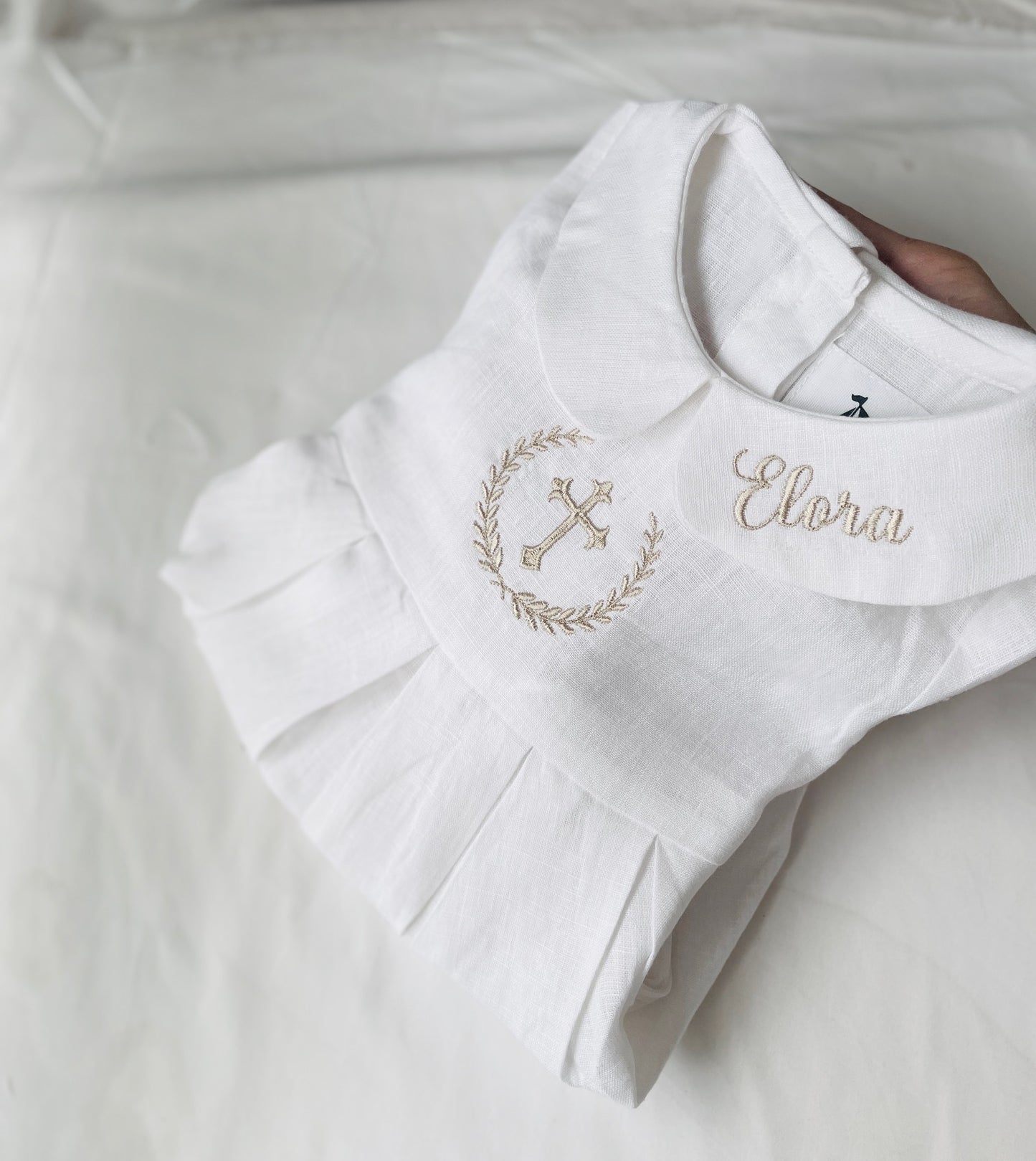 Linen Baptism peter pan collar romper outfit with optional embroidery customisation