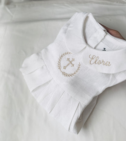 Linen Baptism 3/4 length jumpsuit with optional cardigan and embroidery