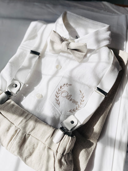 Beige linen baby and toddler boys formal baptism or wedding suit with accessories and optional personalisation