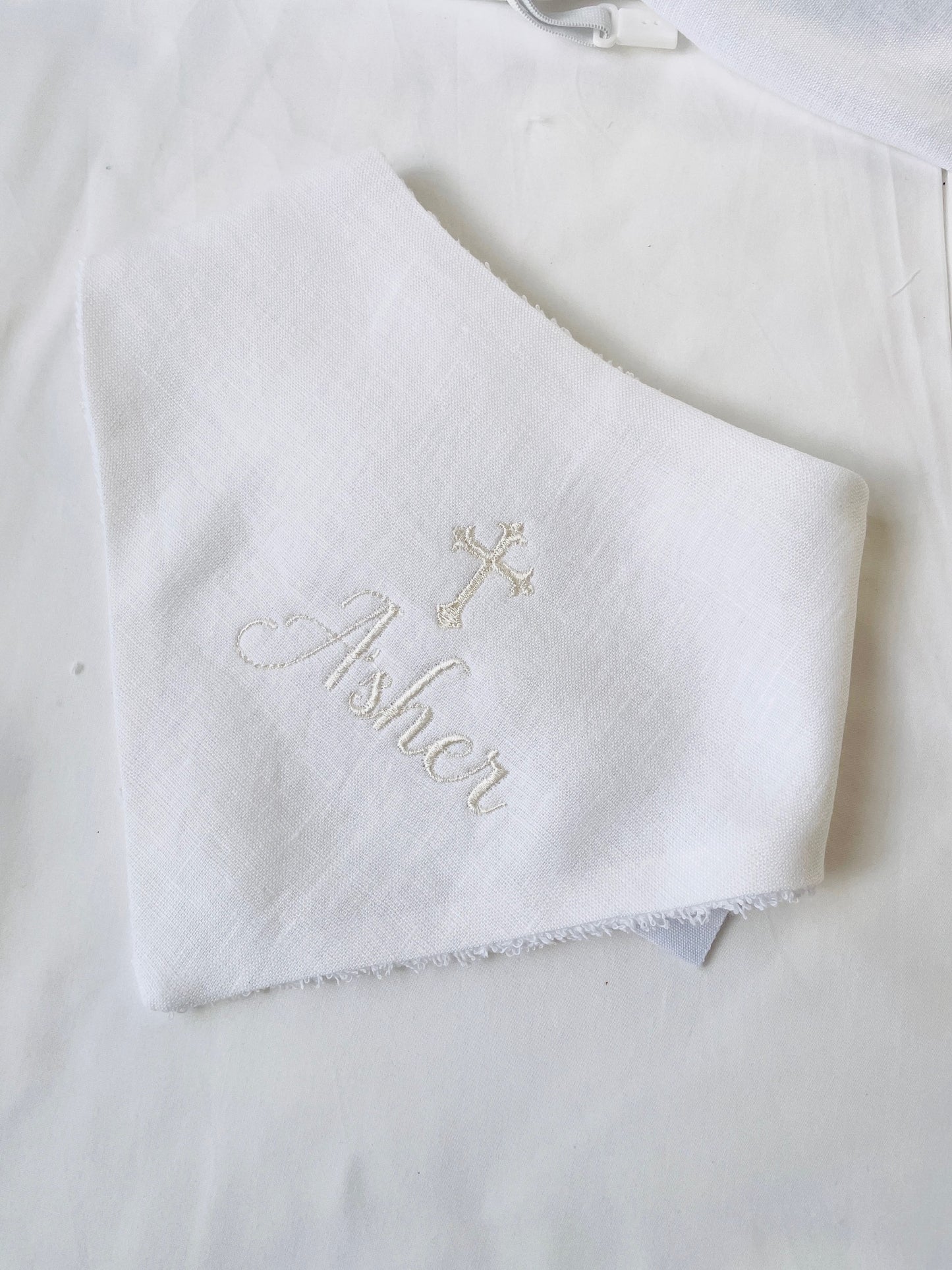 White linen baby dribble bandana baptism Christening bib with optional cross or custom embroidery