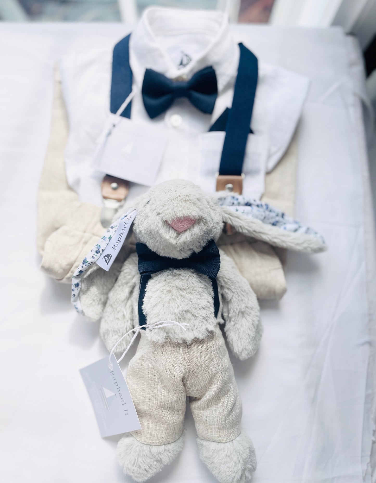 Grey fluffy christening bunny rabbit toy in little suit and bow tie to match babys outfit embroidery optional