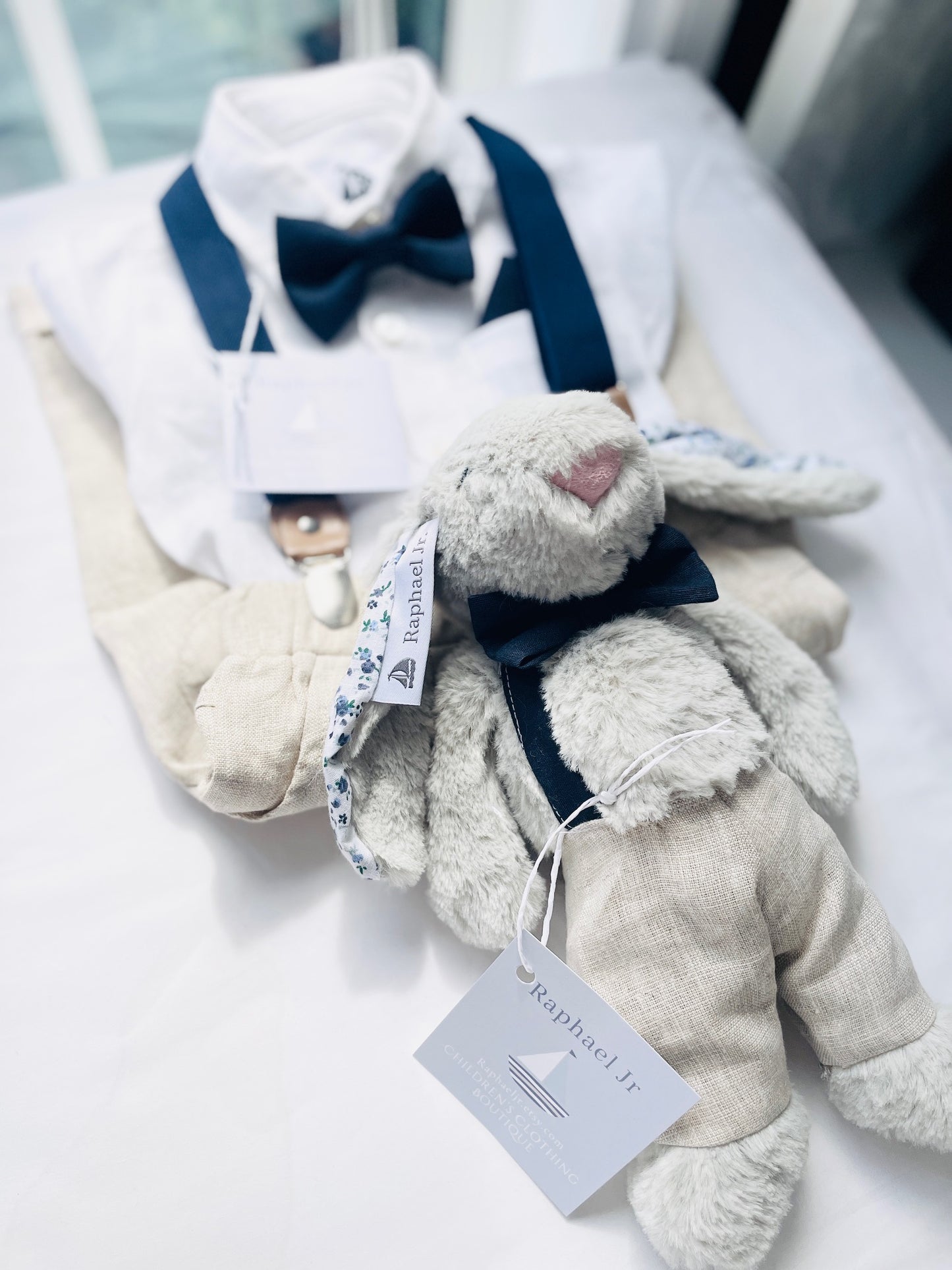 Grey fluffy christening bunny rabbit toy in little suit and bow tie to match babys outfit embroidery optional