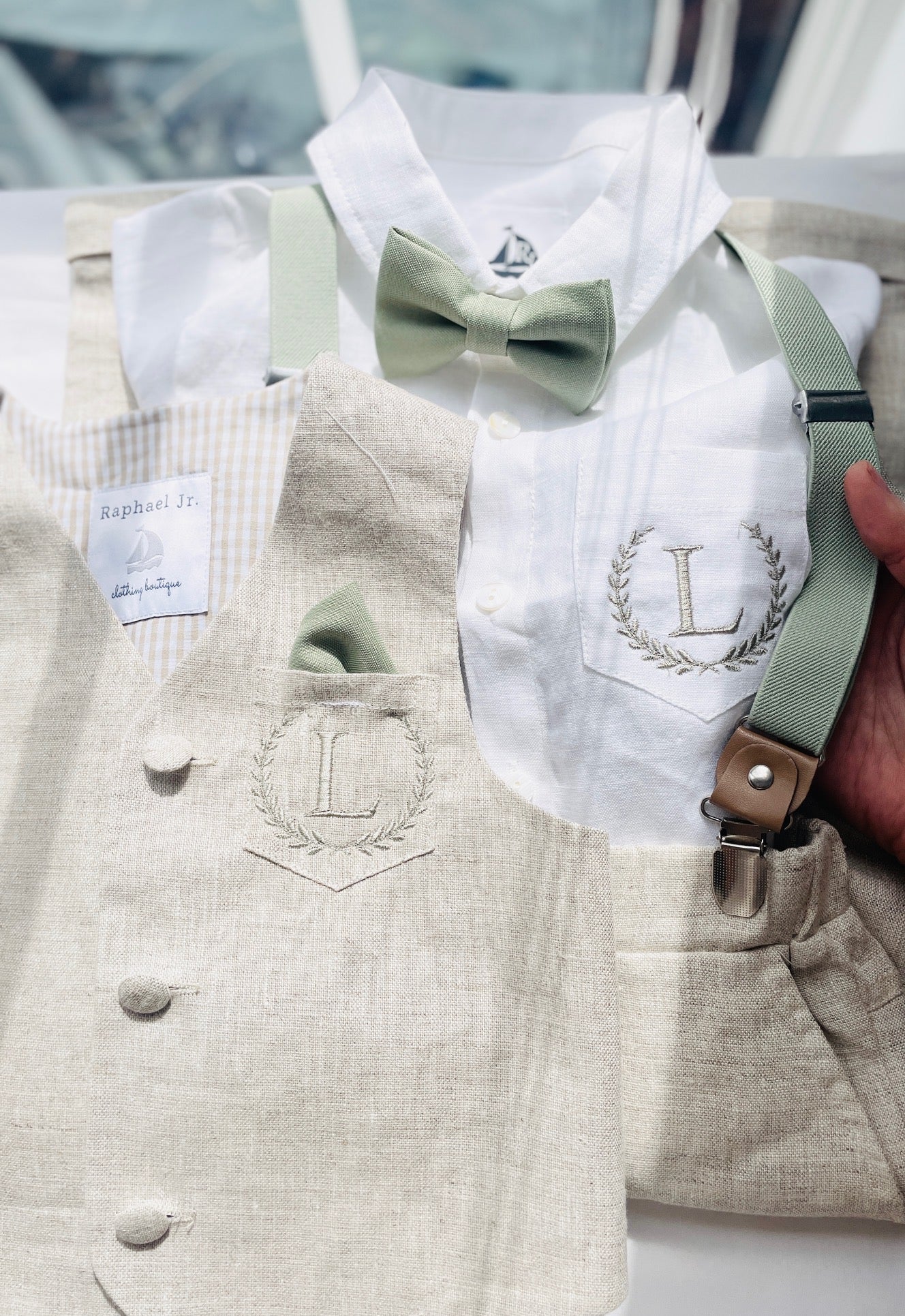 Baby and Toddler Boys white and beige linen summer set with vest, shirt, shorts, suspenders and bowtie