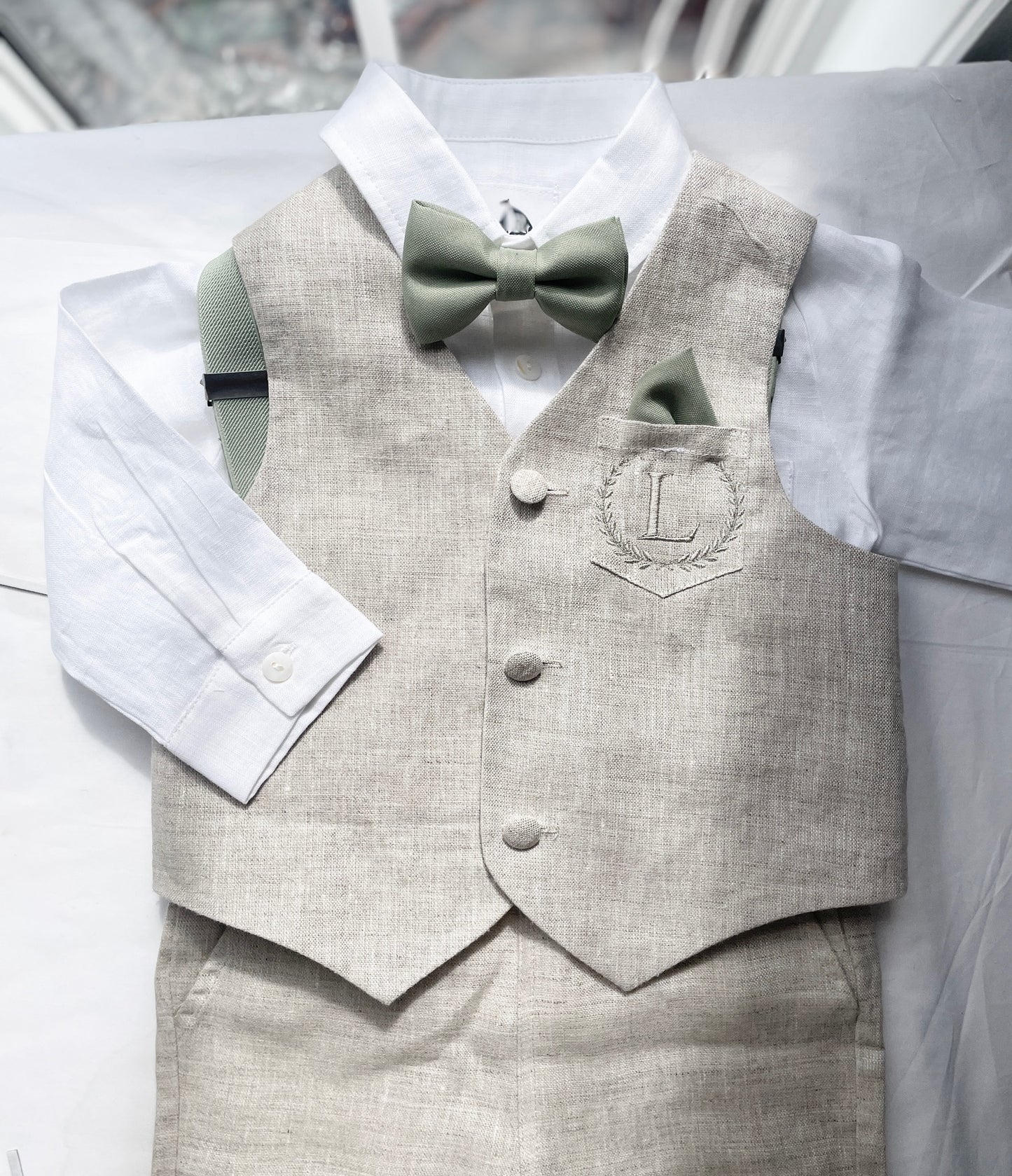 Baby and Toddler Boys white and beige linen summer set with vest, shirt, shorts, suspenders and bowtie