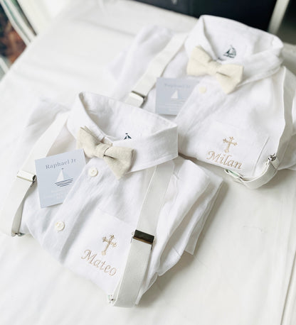 Baby and Toddler Boys white linen baptism outfit with bloomers, shirt, suspenders, bow tie