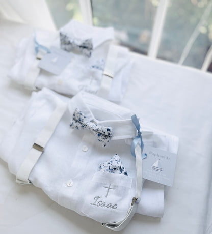 Baby and Toddler Boys white linen baptism outfit with bloomers, shirt, suspenders, bow tie