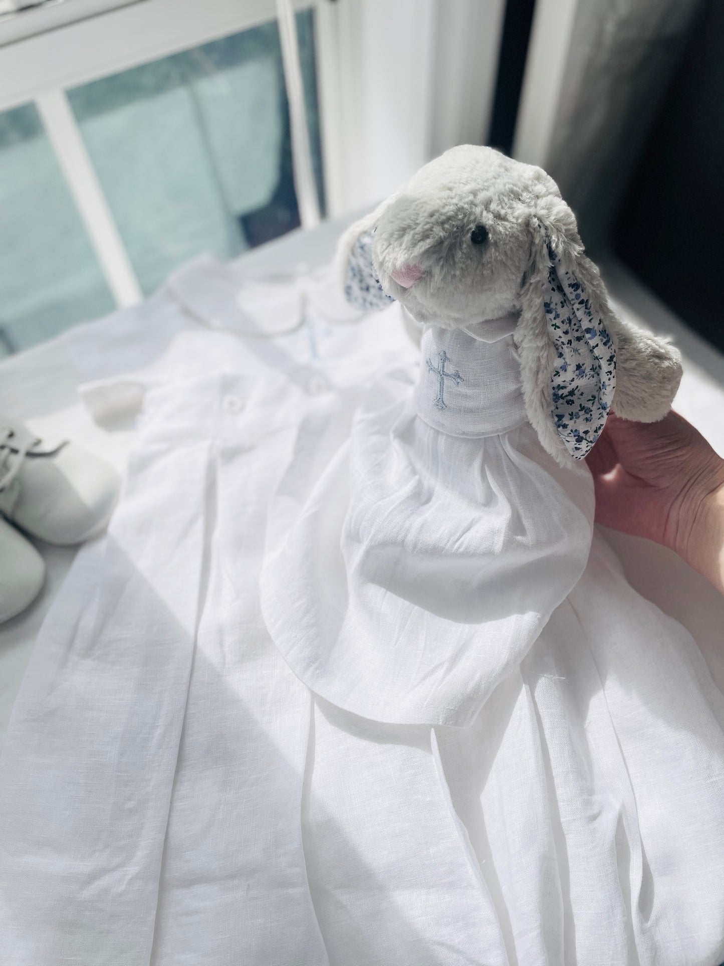 Grey fluffy christening bunny rabbit toy in little suit and bow tie to match babys outfit embroidery optional