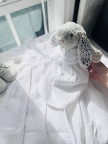 Christening bunny rabbit toy in little suit and bow tie to match babys outfit