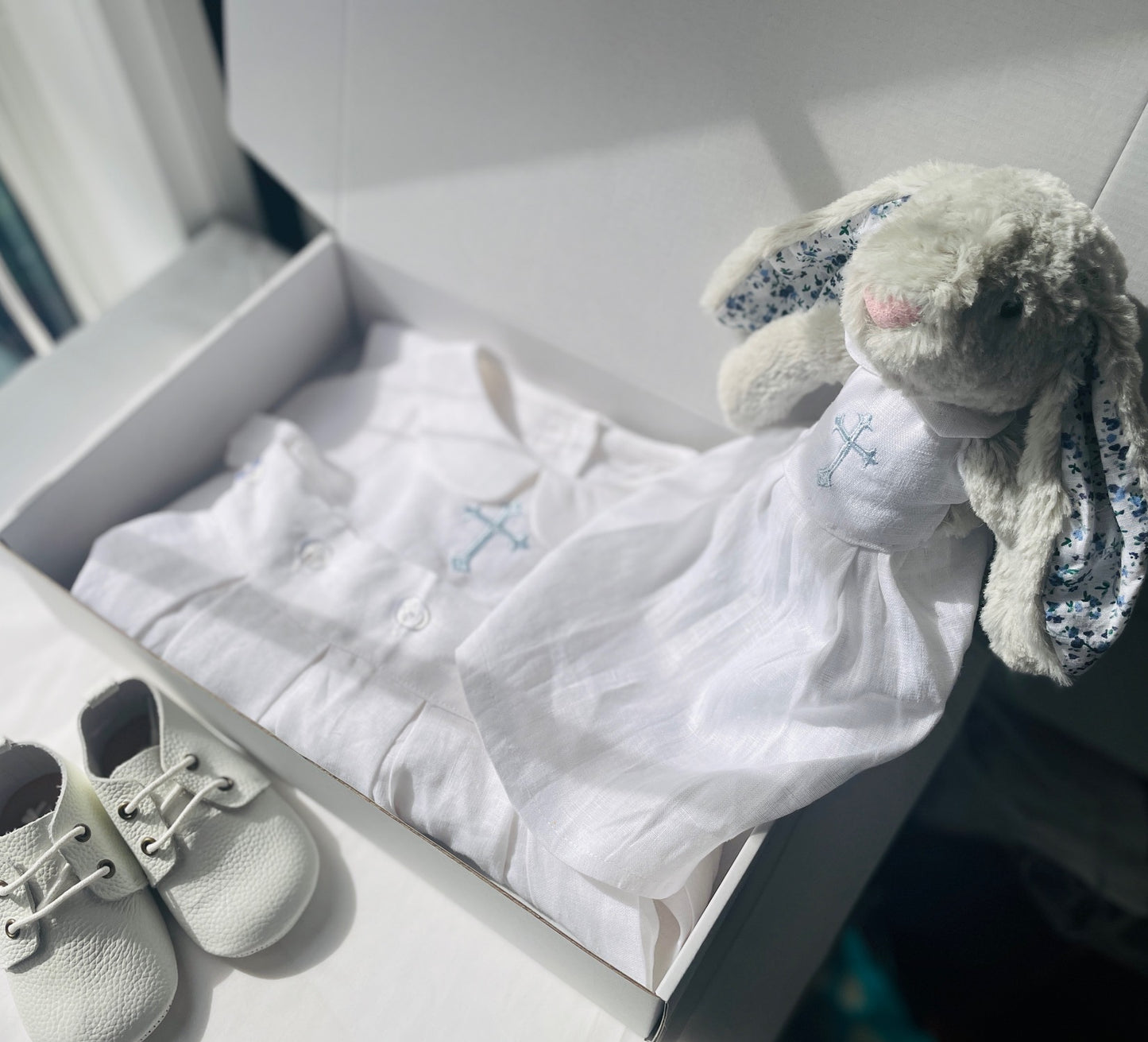 Grey fluffy christening bunny rabbit toy in little suit and bow tie to match babys outfit embroidery optional