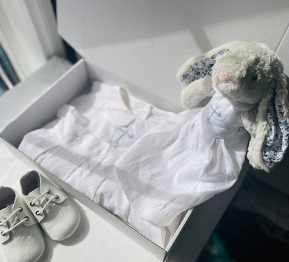 Christening bunny rabbit toy in little suit and bow tie to match babys outfit