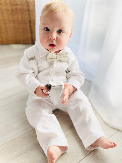White linen Baptism Suit outfit with optional blue jacket and Accessories