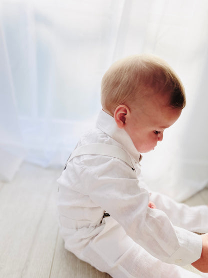 Boys white vest with white linen suit and navy jacket set