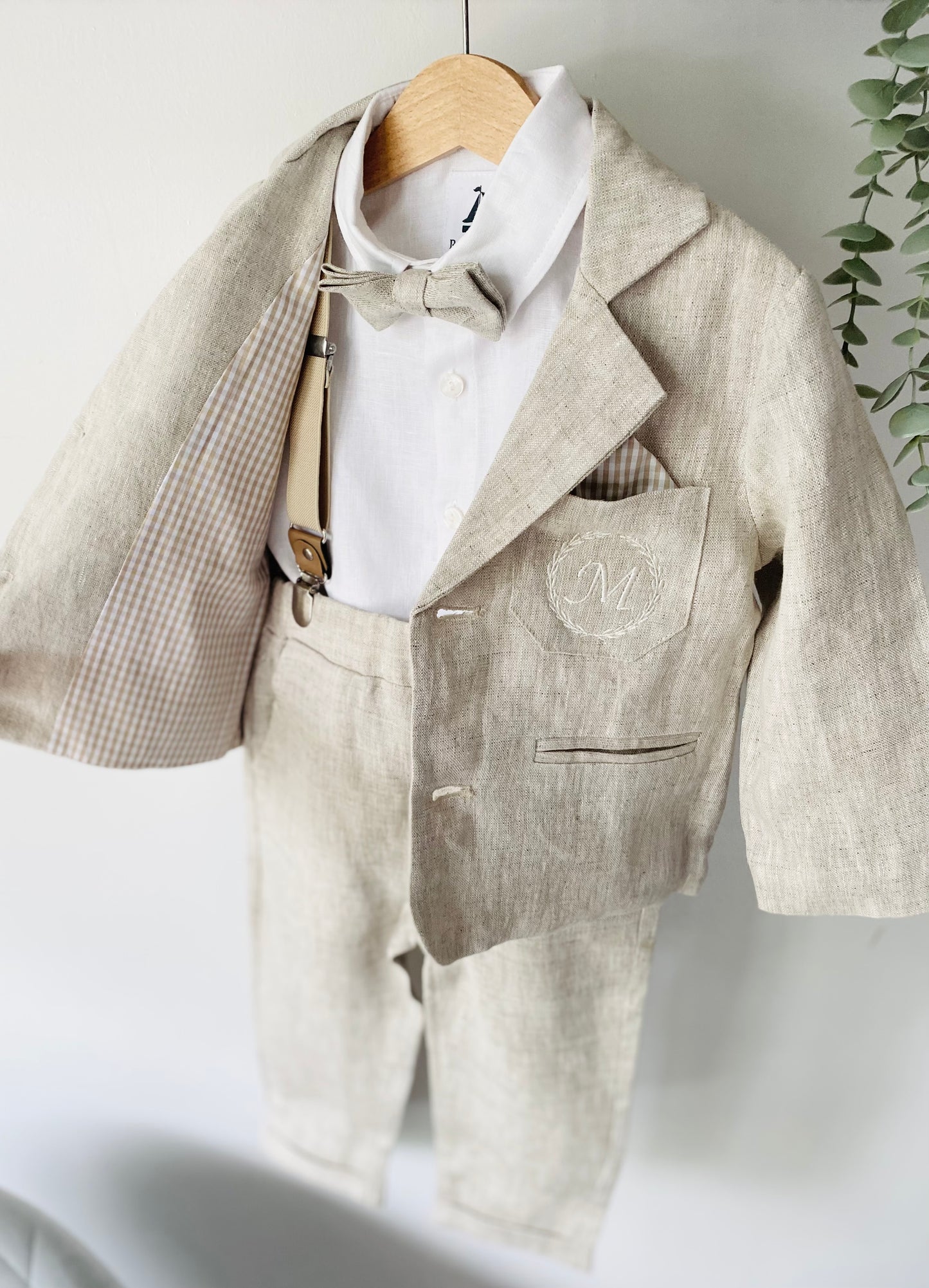 Baby and Toddler Boys white and beige linen summer set with vest, shirt, shorts, suspenders and bowtie